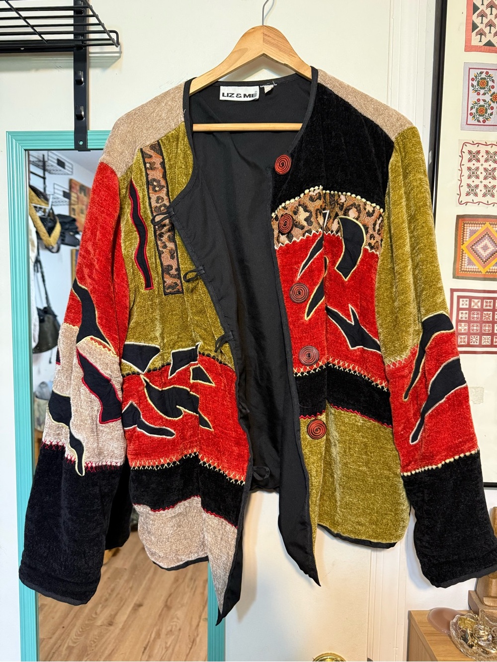 Vintage ⭐️ Liz & Me Multicolor Patchwork Velvet Jacket - Red/Olive/Black